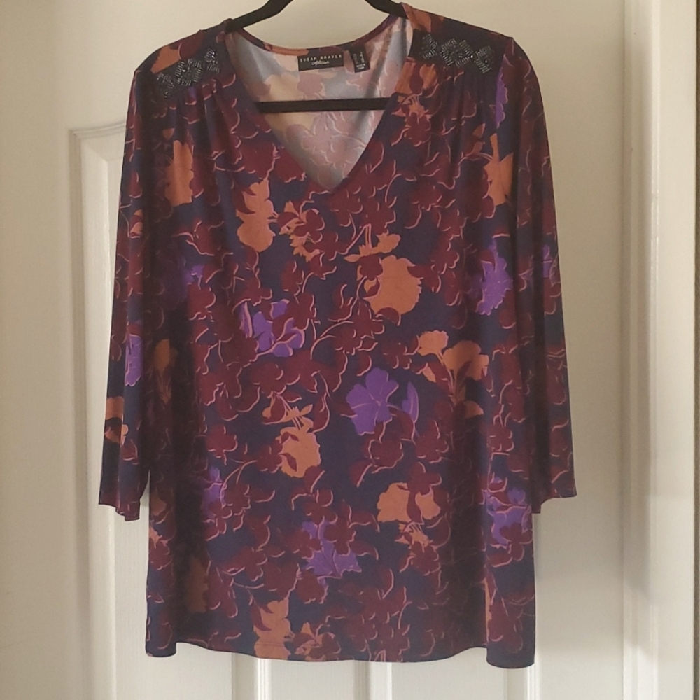 Susan Graver Liquid Knit Pullover, 3/4 sleeve, Multi colored, L